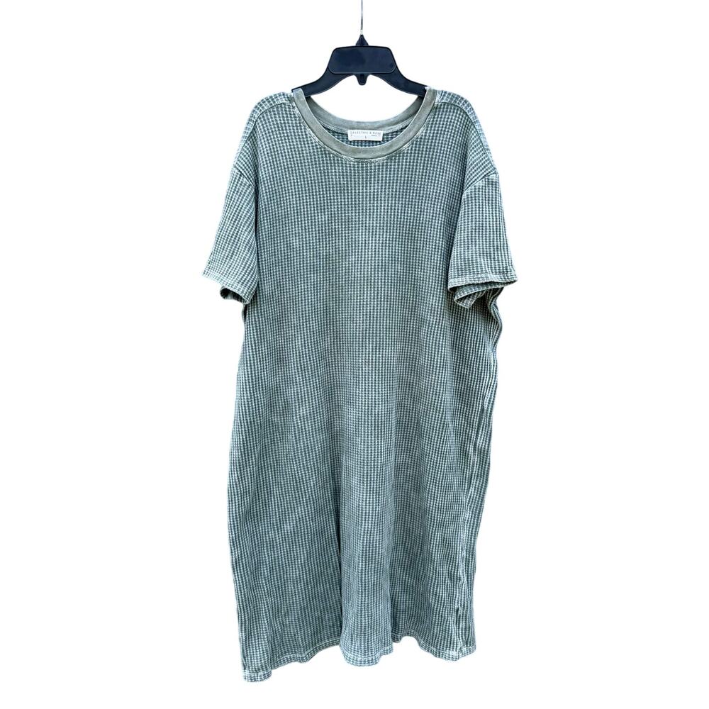 ELECTRIC & ROSE Green Mineral Washed Waffle Knit T-Shirt Midi Dress Large L